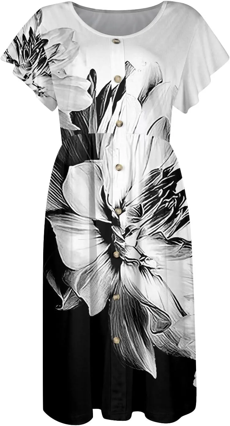 Women Summer Dresses Round Neck Summer Short Sleeve Casual Printed Loose Button Midi Beach Dresses with Pocket