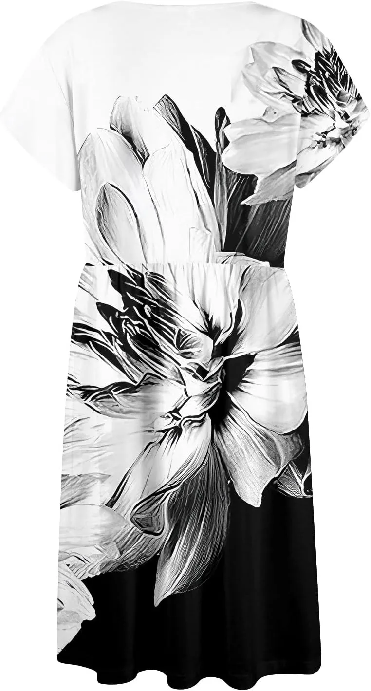 Women Summer Dresses Round Neck Summer Short Sleeve Casual Printed Loose Button Midi Beach Dresses with Pocket
