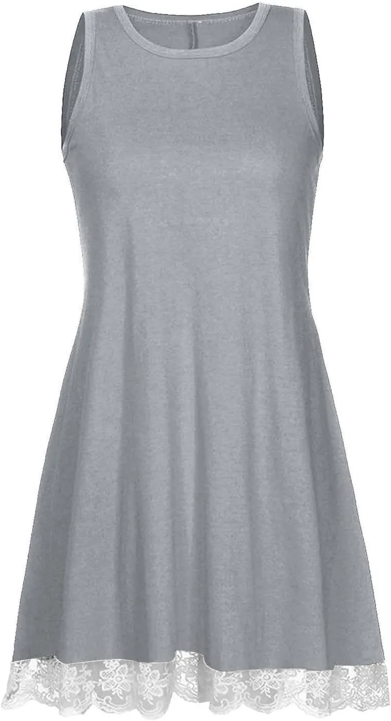 Women Summer Lace Hem Sundress 2025 Vacation Sleeveless Tank Dress Casual Crewneck Loose Coverup Beach Mini Dresses