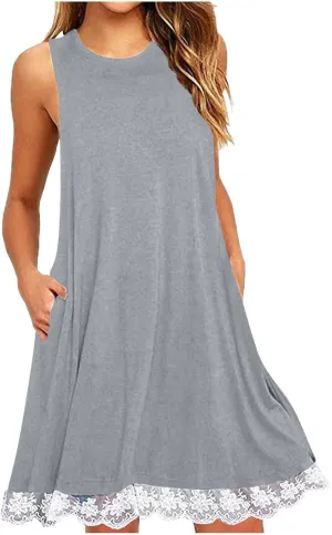 Women Summer Lace Hem Sundress 2025 Vacation Sleeveless Tank Dress Casual Crewneck Loose Coverup Beach Mini Dresses