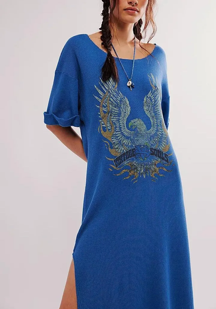 Women Summer Maxi Dress Casual Graffiti Graphic Long T-Shirt Dress Short Sleeve Crewneck Loose Split Beach Sundress