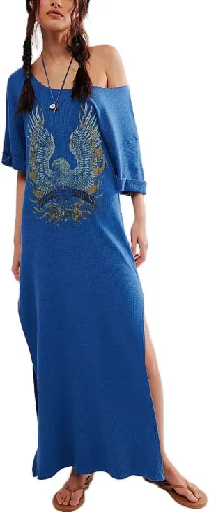 Women Summer Maxi Dress Casual Graffiti Graphic Long T-Shirt Dress Short Sleeve Crewneck Loose Split Beach Sundress