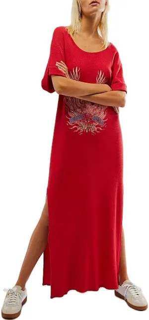Women Summer Maxi Dress Casual Graffiti Graphic Long T-Shirt Dress Short Sleeve Crewneck Loose Split Beach Sundress