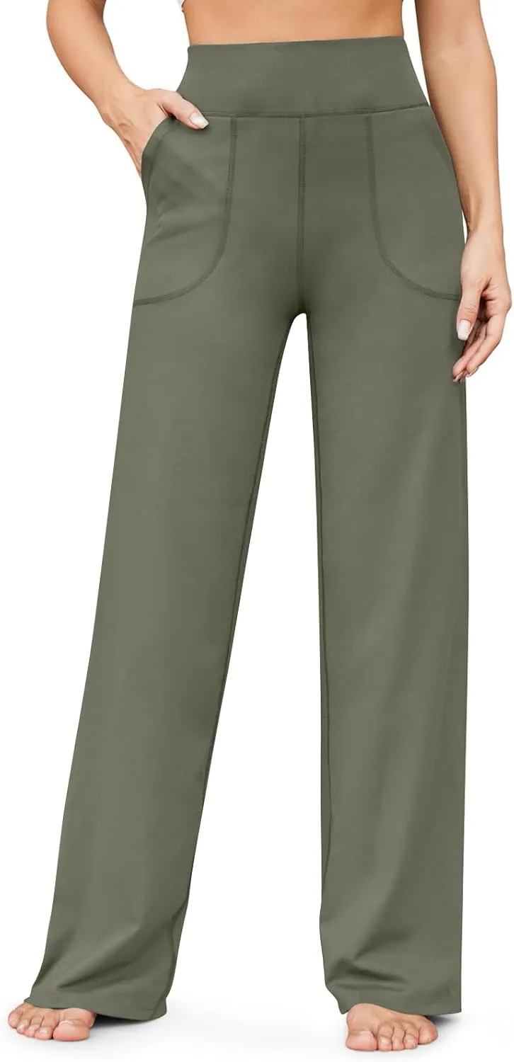 Women Wide Leg Yoga Pants with Pockets Tummy Control Flare Leggings Straight Leg Sweatpants Stretch Lounge Pants