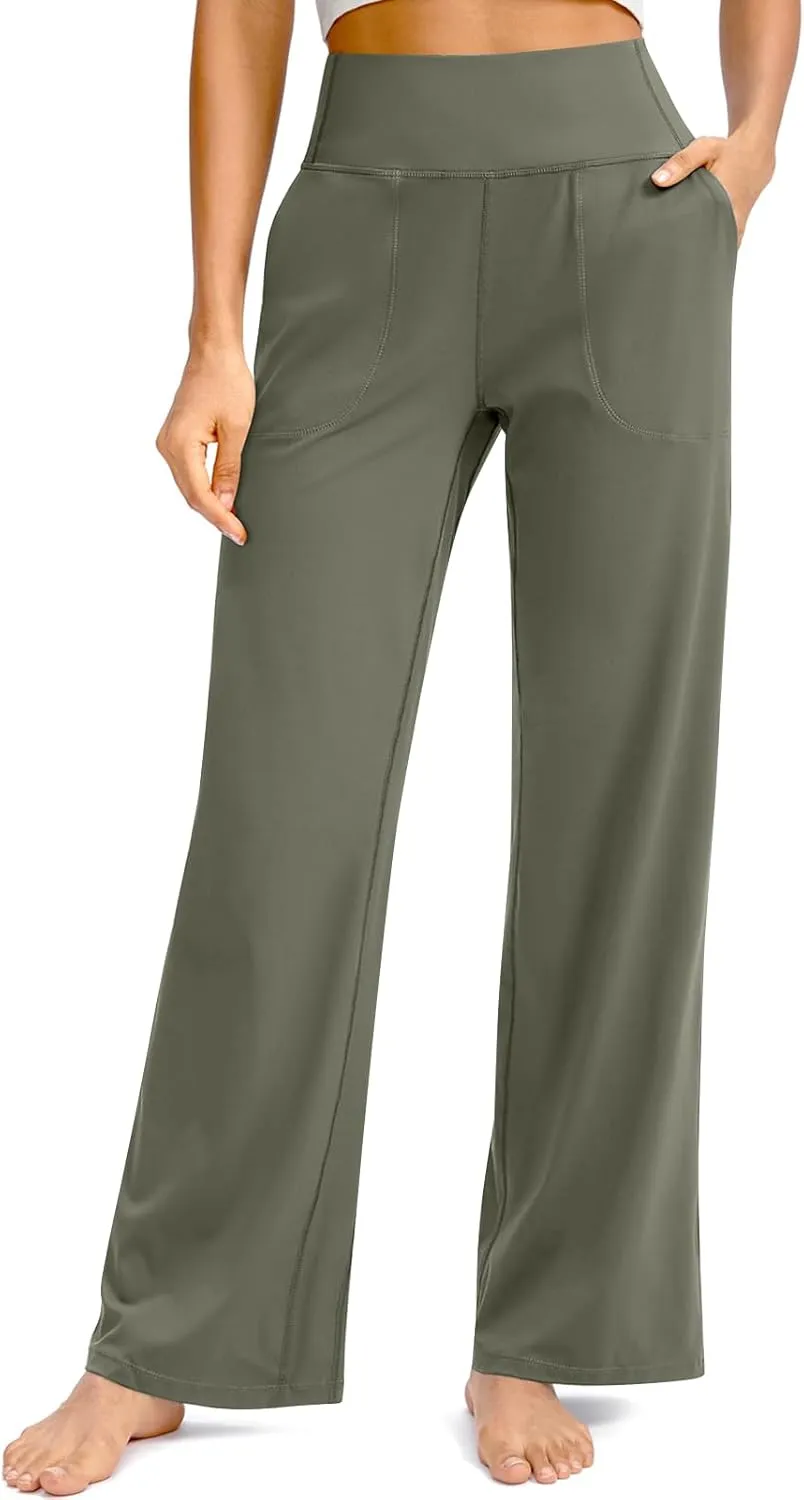 Women Wide Leg Yoga Pants with Pockets Tummy Control Flare Leggings Straight Leg Sweatpants Stretch Lounge Pants