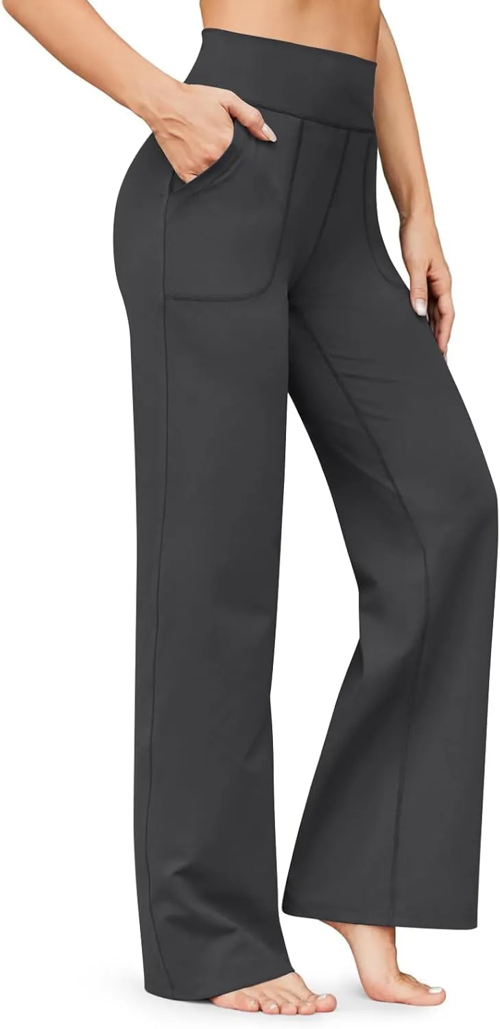 Women Wide Leg Yoga Pants with Pockets Tummy Control Flare Leggings Straight Leg Sweatpants Stretch Lounge Pants