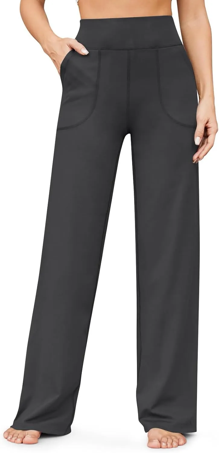 Women Wide Leg Yoga Pants with Pockets Tummy Control Flare Leggings Straight Leg Sweatpants Stretch Lounge Pants