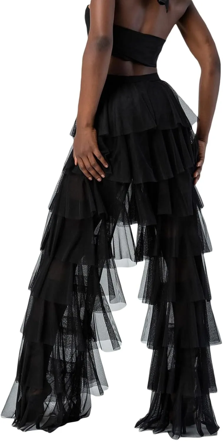 Women Y2k Tulle Mesh Wide Leg Pants High Waist Multi Layer Solid Trousers Sheer Ruffle Tiered Loose Pants