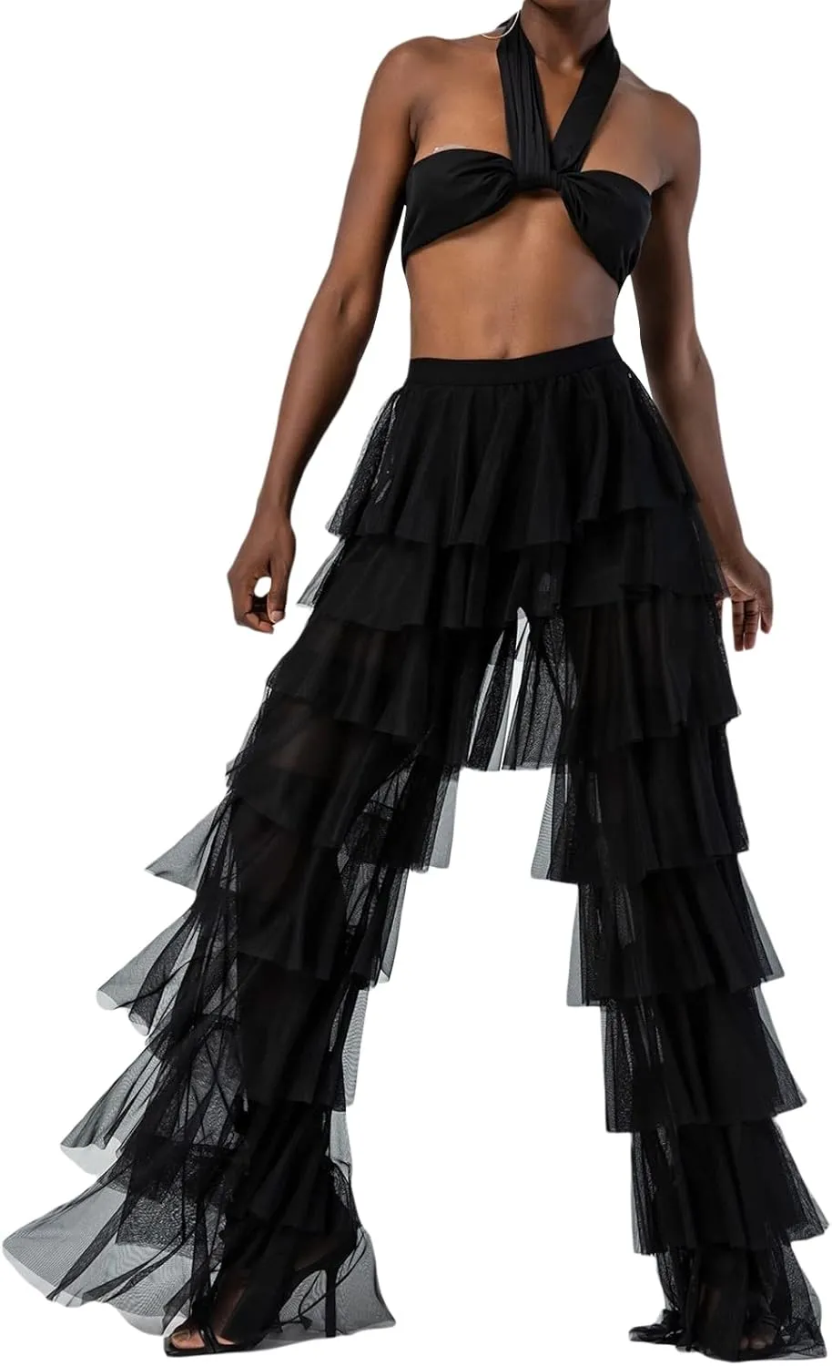 Women Y2k Tulle Mesh Wide Leg Pants High Waist Multi Layer Solid Trousers Sheer Ruffle Tiered Loose Pants
