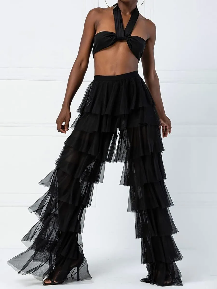 Women Y2k Tulle Mesh Wide Leg Pants High Waist Multi Layer Solid Trousers Sheer Ruffle Tiered Loose Pants