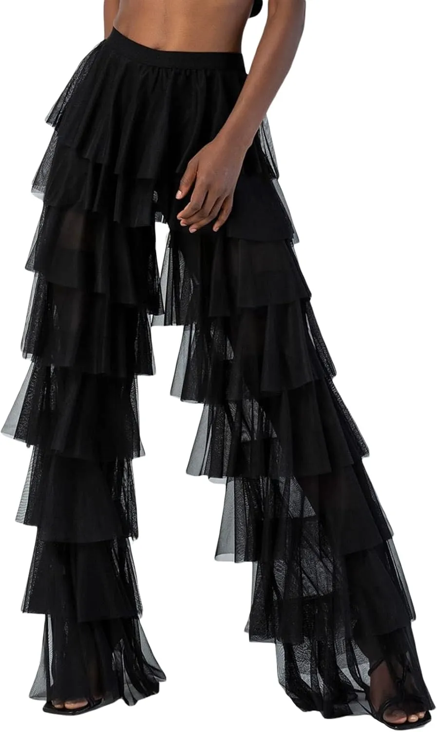 Women Y2k Tulle Mesh Wide Leg Pants High Waist Multi Layer Solid Trousers Sheer Ruffle Tiered Loose Pants