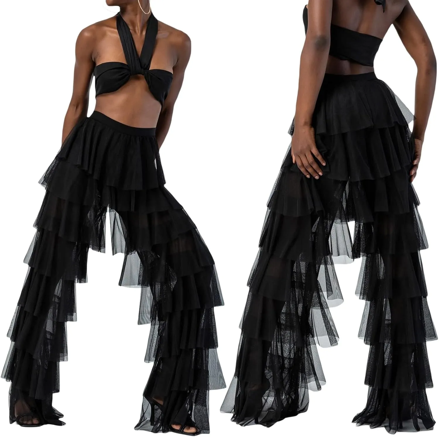 Women Y2k Tulle Mesh Wide Leg Pants High Waist Multi Layer Solid Trousers Sheer Ruffle Tiered Loose Pants