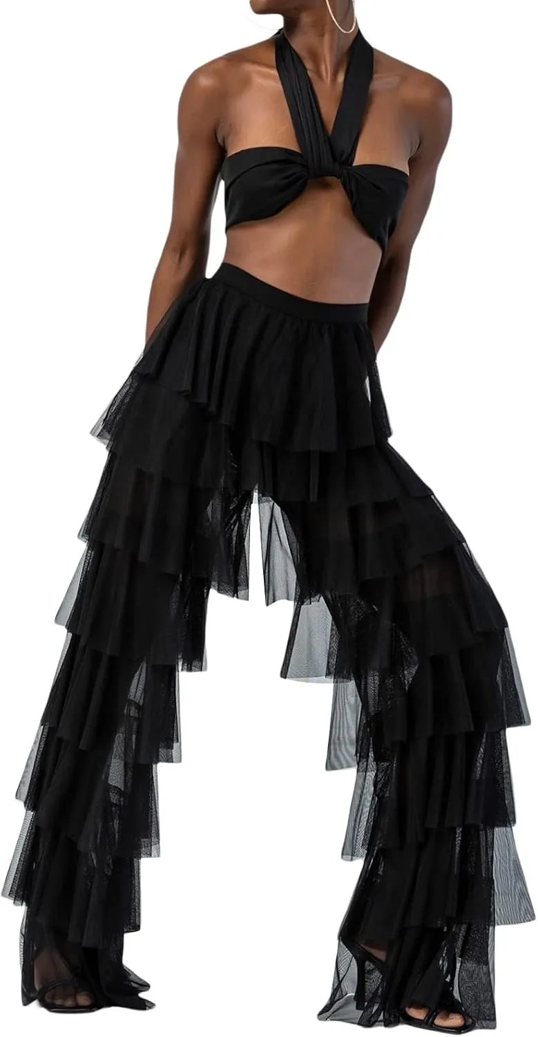 Women Y2k Tulle Mesh Wide Leg Pants High Waist Multi Layer Solid Trousers Sheer Ruffle Tiered Loose Pants