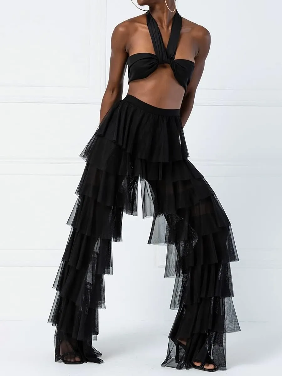 Women Y2k Tulle Mesh Wide Leg Pants High Waist Multi Layer Solid Trousers Sheer Ruffle Tiered Loose Pants