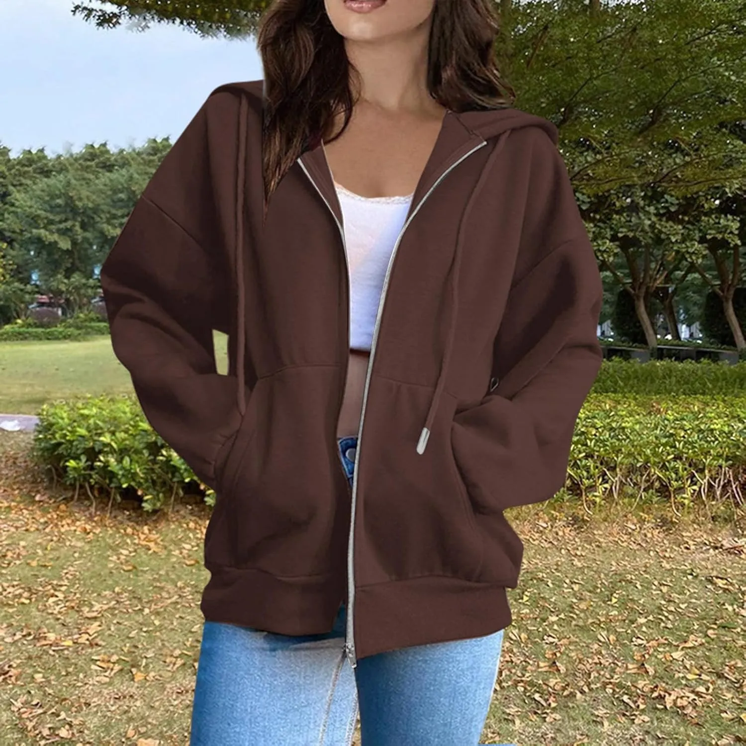 Women Zip Up Hoodie Long Sleeve Oversized Sweatshirts Y2K Jacket Pockets Patchwork Design Drawstring Hooded Jacket