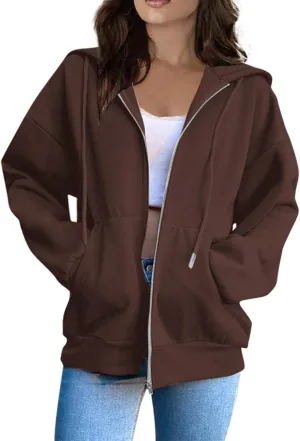 Women Zip Up Hoodie Long Sleeve Oversized Sweatshirts Y2K Jacket Pockets Patchwork Design Drawstring Hooded Jacket