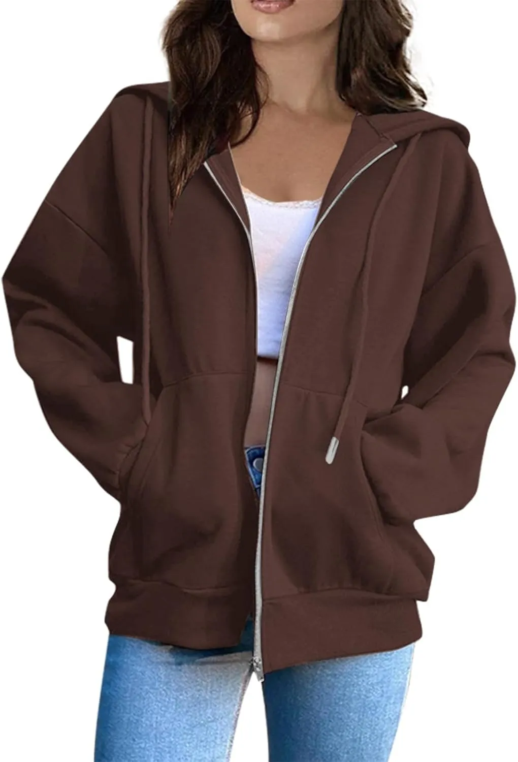 Women Zip Up Hoodie Long Sleeve Oversized Sweatshirts Y2K Jacket Pockets Patchwork Design Drawstring Hooded Jacket