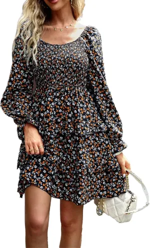 Women's 2024 Square Neck Ruffle Dress Spring Long Sleeve Floral Print Dress Tiered Layered Swing Party Mini Dress