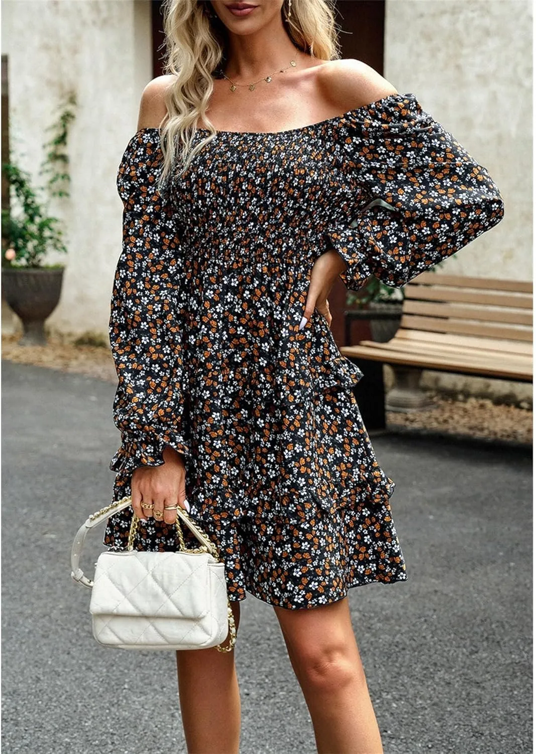 Women's 2024 Square Neck Ruffle Dress Spring Long Sleeve Floral Print Dress Tiered Layered Swing Party Mini Dress