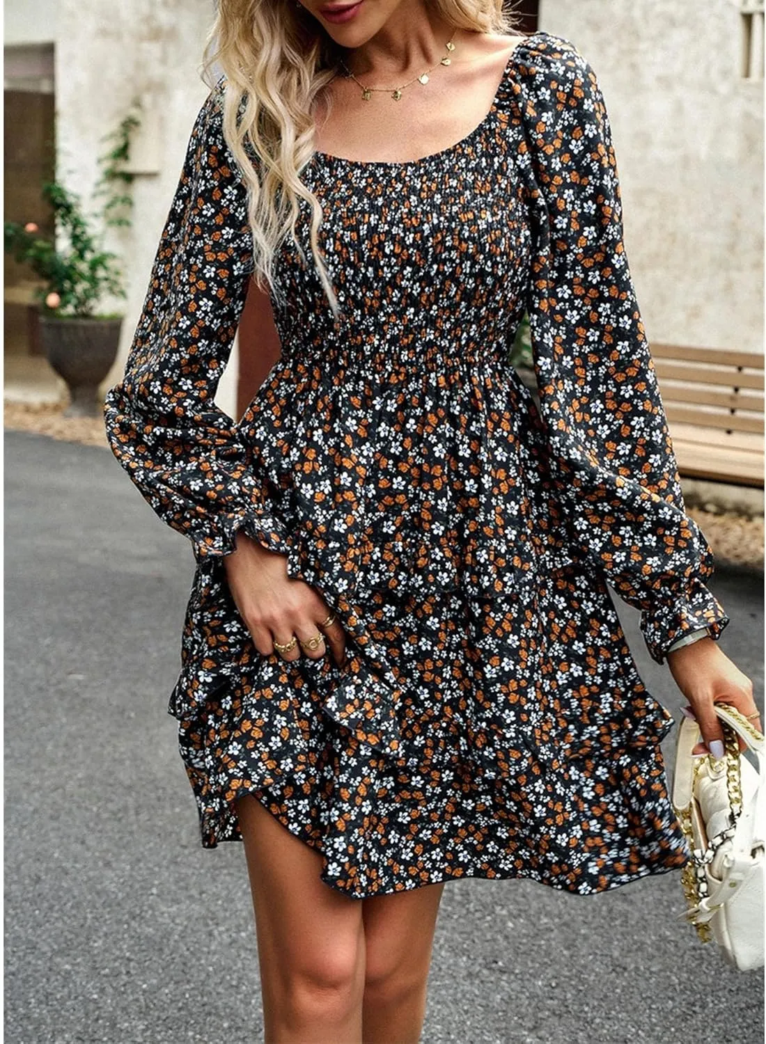 Women's 2024 Square Neck Ruffle Dress Spring Long Sleeve Floral Print Dress Tiered Layered Swing Party Mini Dress