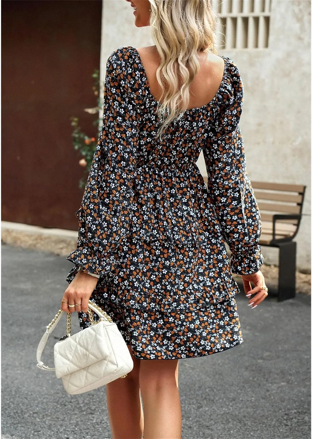 Women's 2024 Square Neck Ruffle Dress Spring Long Sleeve Floral Print Dress Tiered Layered Swing Party Mini Dress