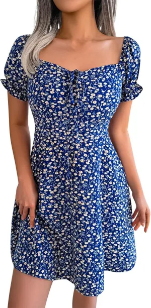 Women's 2024 Summer Floral Boho Dress Square Neck Short Sleeve Ruffle Swing A Line Beach Long Mini Dress