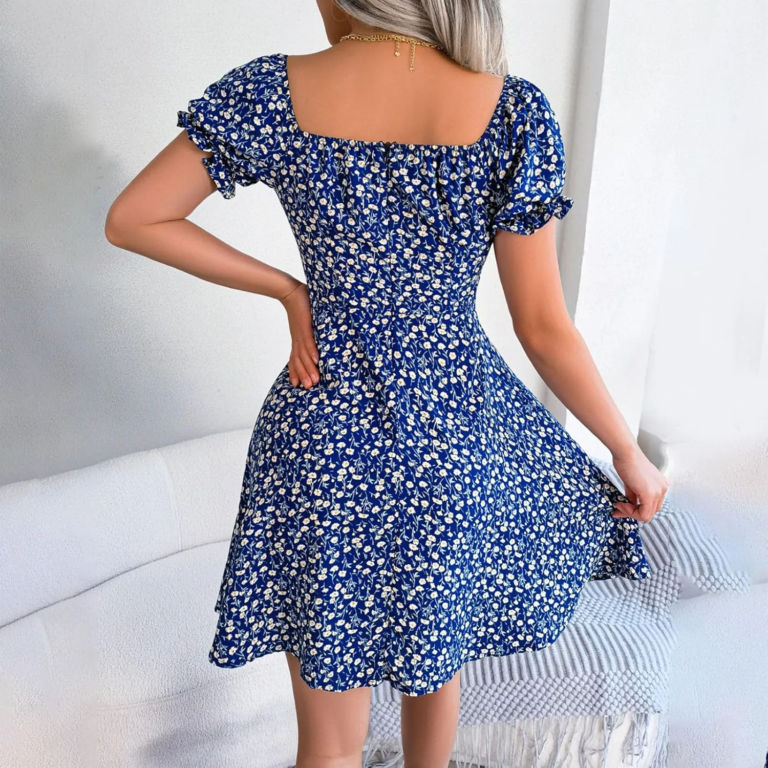 Women's 2024 Summer Floral Boho Dress Square Neck Short Sleeve Ruffle Swing A Line Beach Long Mini Dress