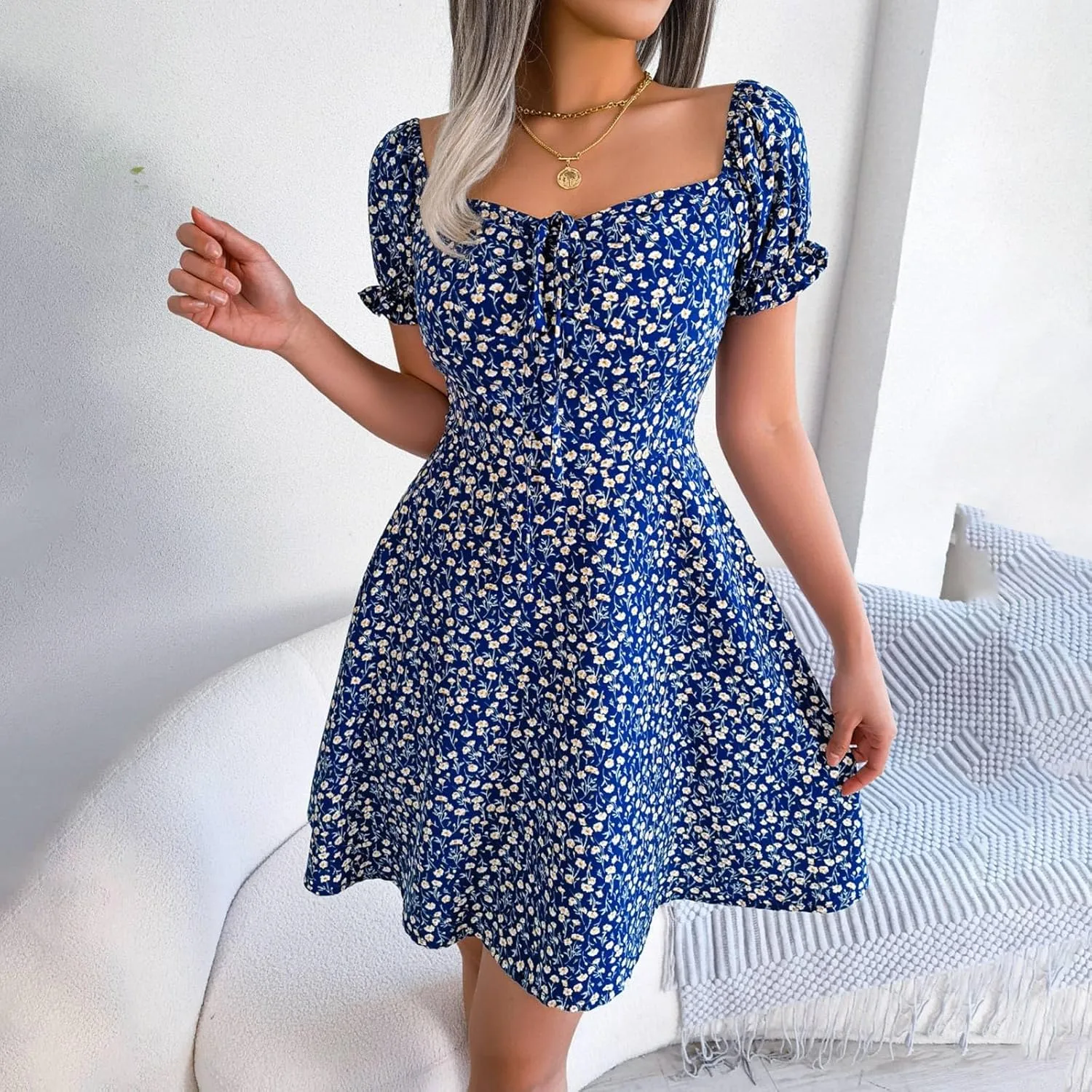Women's 2024 Summer Floral Boho Dress Square Neck Short Sleeve Ruffle Swing A Line Beach Long Mini Dress