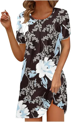 Women's 2024 Summer Floral Short Sleeve Mini Dress Round Neck Ruffle A-line Loose Dresses Smocked T-Shirt Dress Black