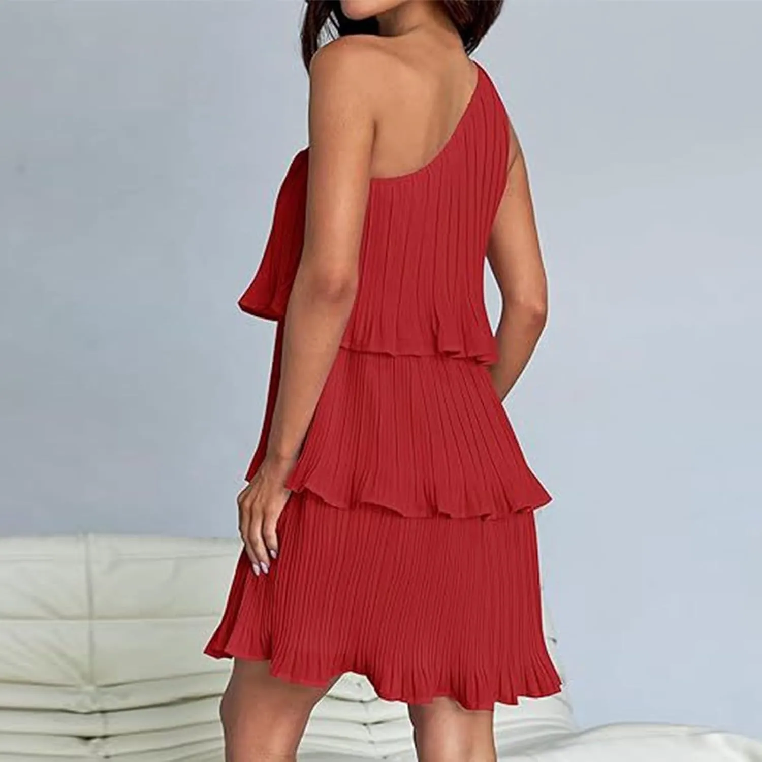 Women's 2024 Summer Sleeveless Mini Dress Boho One Shoulder Ruffle Tiered Layered Chiffon Flowy A Line Dresses