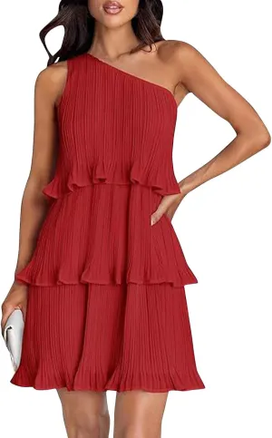 Women's 2024 Summer Sleeveless Mini Dress Boho One Shoulder Ruffle Tiered Layered Chiffon Flowy A Line Dresses