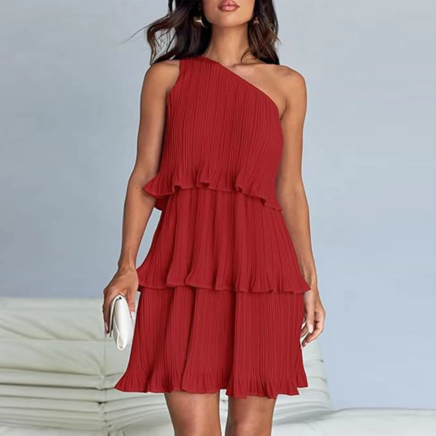 Women's 2024 Summer Sleeveless Mini Dress Boho One Shoulder Ruffle Tiered Layered Chiffon Flowy A Line Dresses