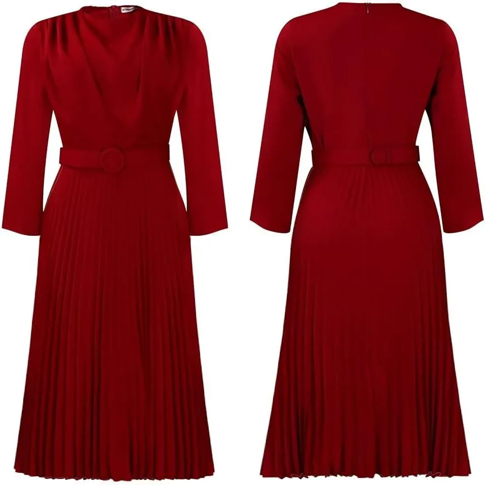 Women's A Line Round Neck Pleated Dress Plus Size Lantern Sleeves Midi Wedding Guest Dresses