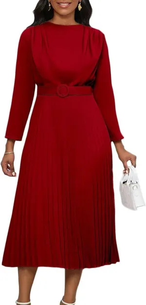 Women's A Line Round Neck Pleated Dress Plus Size Lantern Sleeves Midi Wedding Guest Dresses