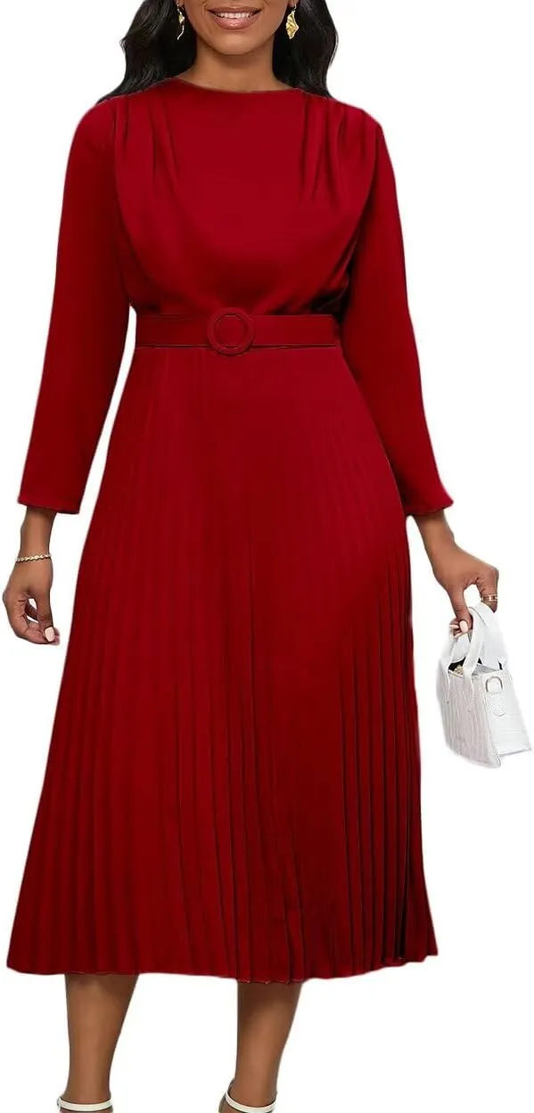 Women's A Line Round Neck Pleated Dress Plus Size Lantern Sleeves Midi Wedding Guest Dresses