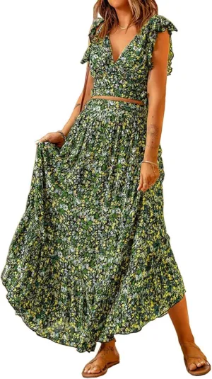 Womens Boho Dress 2 Pieces Outfits Wrap V Neck Ruffle Floral Tank Top and Long Maxi Skirt Set Flowy Maxi Dresses
