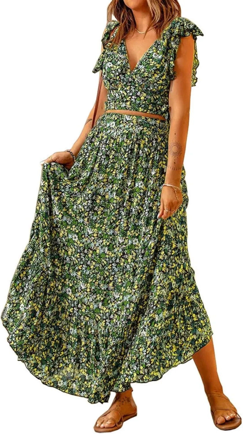 Womens Boho Dress 2 Pieces Outfits Wrap V Neck Ruffle Floral Tank Top and Long Maxi Skirt Set Flowy Maxi Dresses