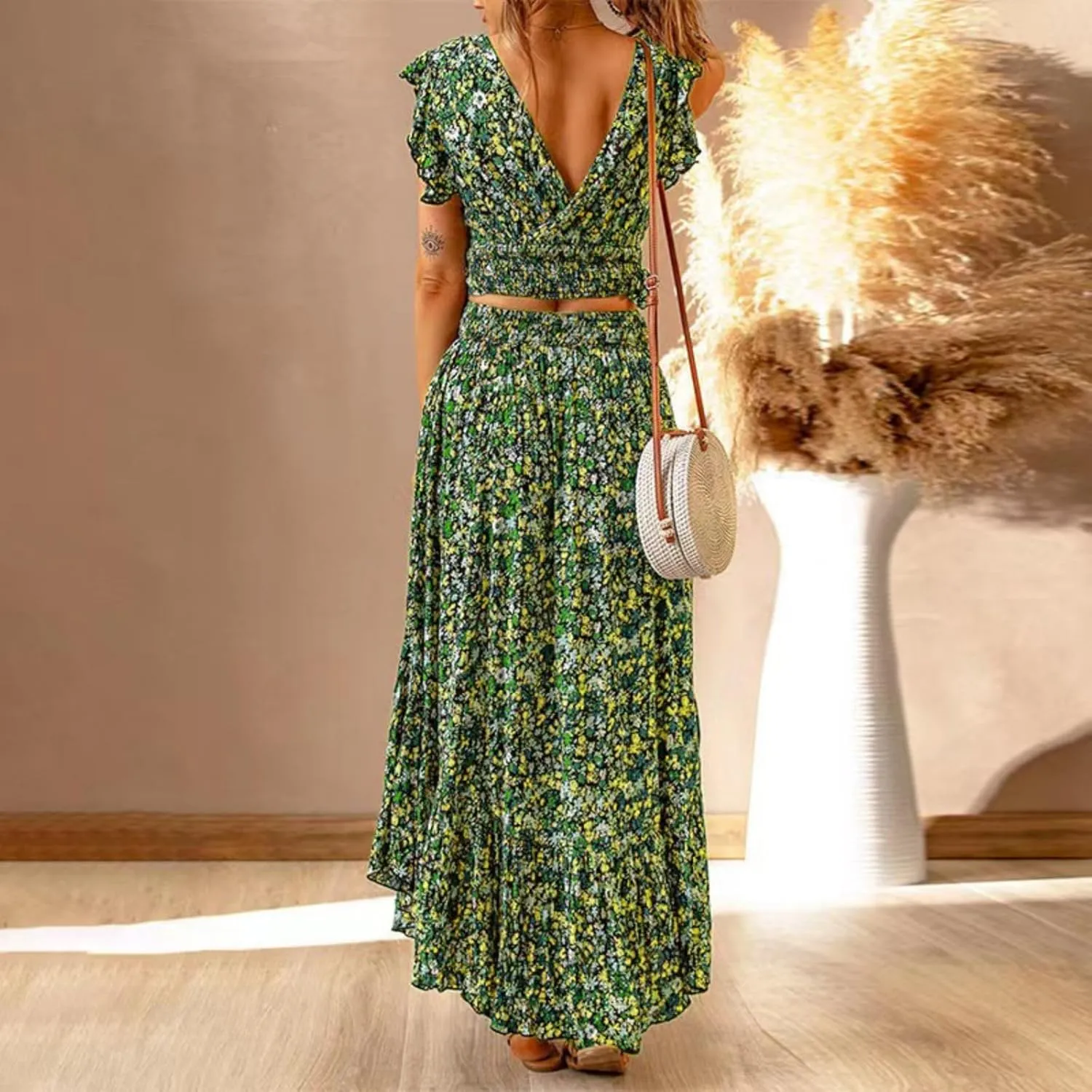 Womens Boho Dress 2 Pieces Outfits Wrap V Neck Ruffle Floral Tank Top and Long Maxi Skirt Set Flowy Maxi Dresses