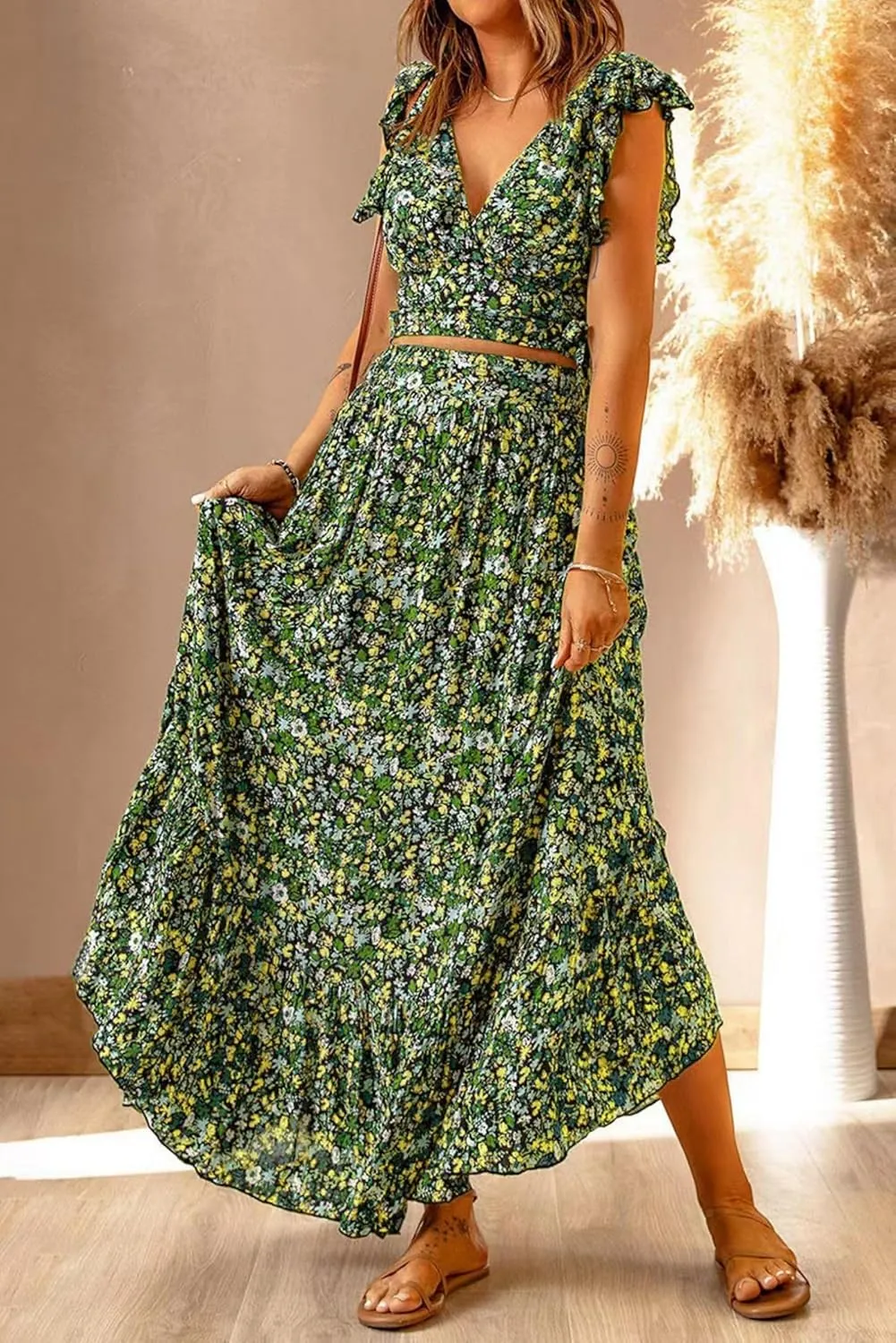 Womens Boho Dress 2 Pieces Outfits Wrap V Neck Ruffle Floral Tank Top and Long Maxi Skirt Set Flowy Maxi Dresses