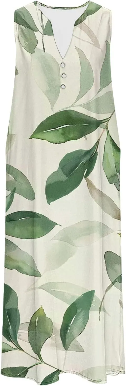 Womens Boho Floral Dresses Summer Casual Vacation Beach Dress V Neck A-Line Sundress Plus Size Long Dress with Pocket