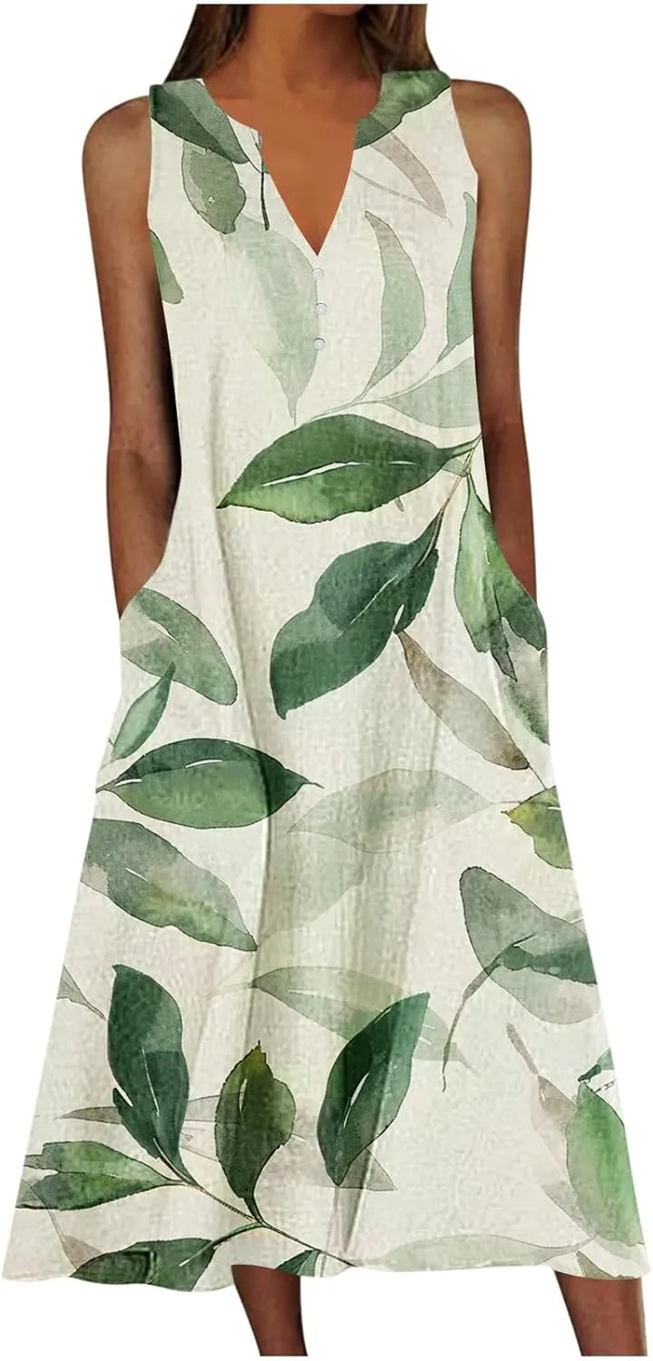 Womens Boho Floral Dresses Summer Casual Vacation Beach Dress V Neck A-Line Sundress Plus Size Long Dress with Pocket