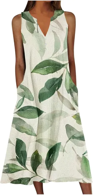 Womens Boho Floral Dresses Summer Casual Vacation Beach Dress V Neck A-Line Sundress Plus Size Long Dress with Pocket