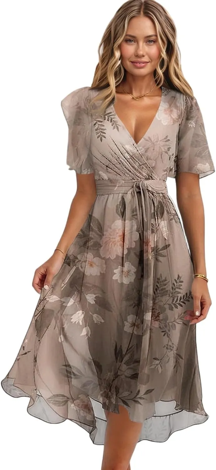 Womens Boho Floral Printed Chiffon Dresses 2025 Spring Elegant V Neck Belted Summer Wedding Prom Cocktail Midi Dress
