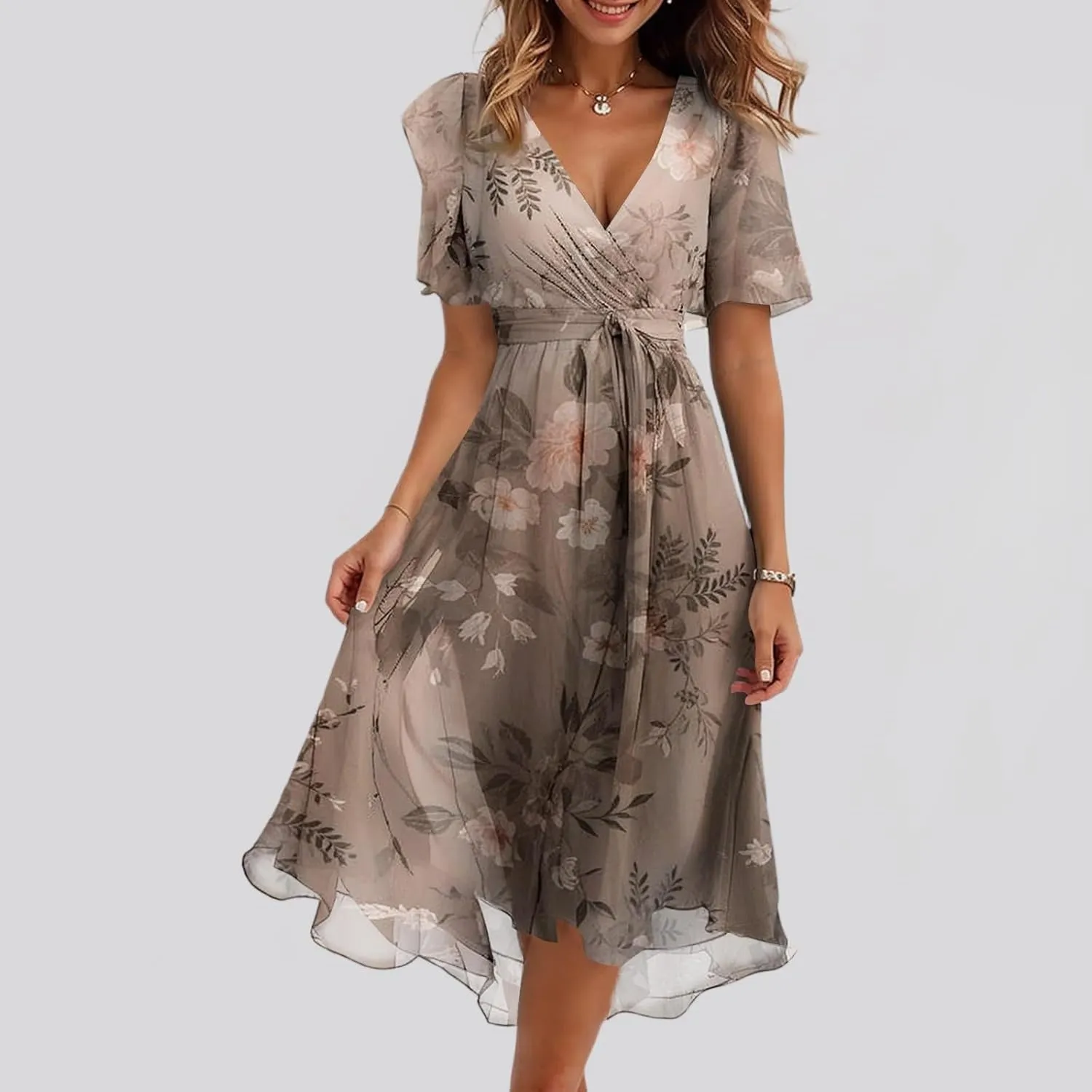 Womens Boho Floral Printed Chiffon Dresses 2025 Spring Elegant V Neck Belted Summer Wedding Prom Cocktail Midi Dress