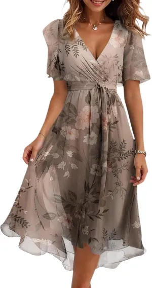 Womens Boho Floral Printed Chiffon Dresses 2025 Spring Elegant V Neck Belted Summer Wedding Prom Cocktail Midi Dress