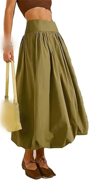 Women's Bubble Maxi Skirts Y2k a Line Long Skirt, Casual Ruffle Pleated Midi Dress, Womens Maxi Skirt