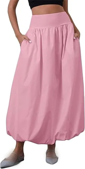 Women's Bubble Maxi Skirts Y2k a Line Long Skirt, Casual Ruffle Pleated Midi Dress, Womens Maxi Skirt