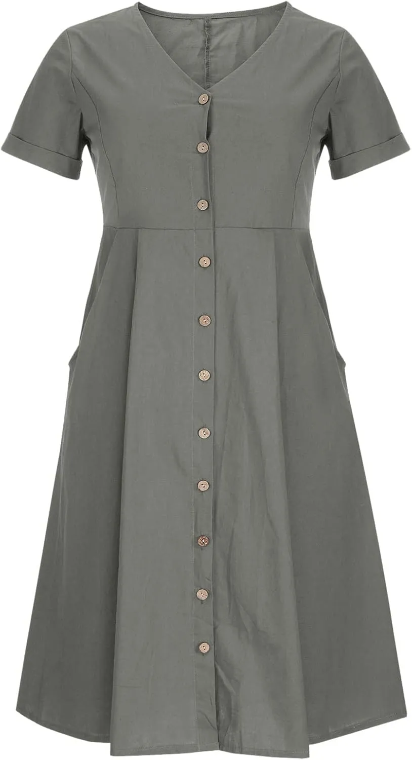 Women's Button Down Shirts Dresses with Pockets Cotton Button Up Blous Dress Casual Casual Short Sleeve Solid Clothes