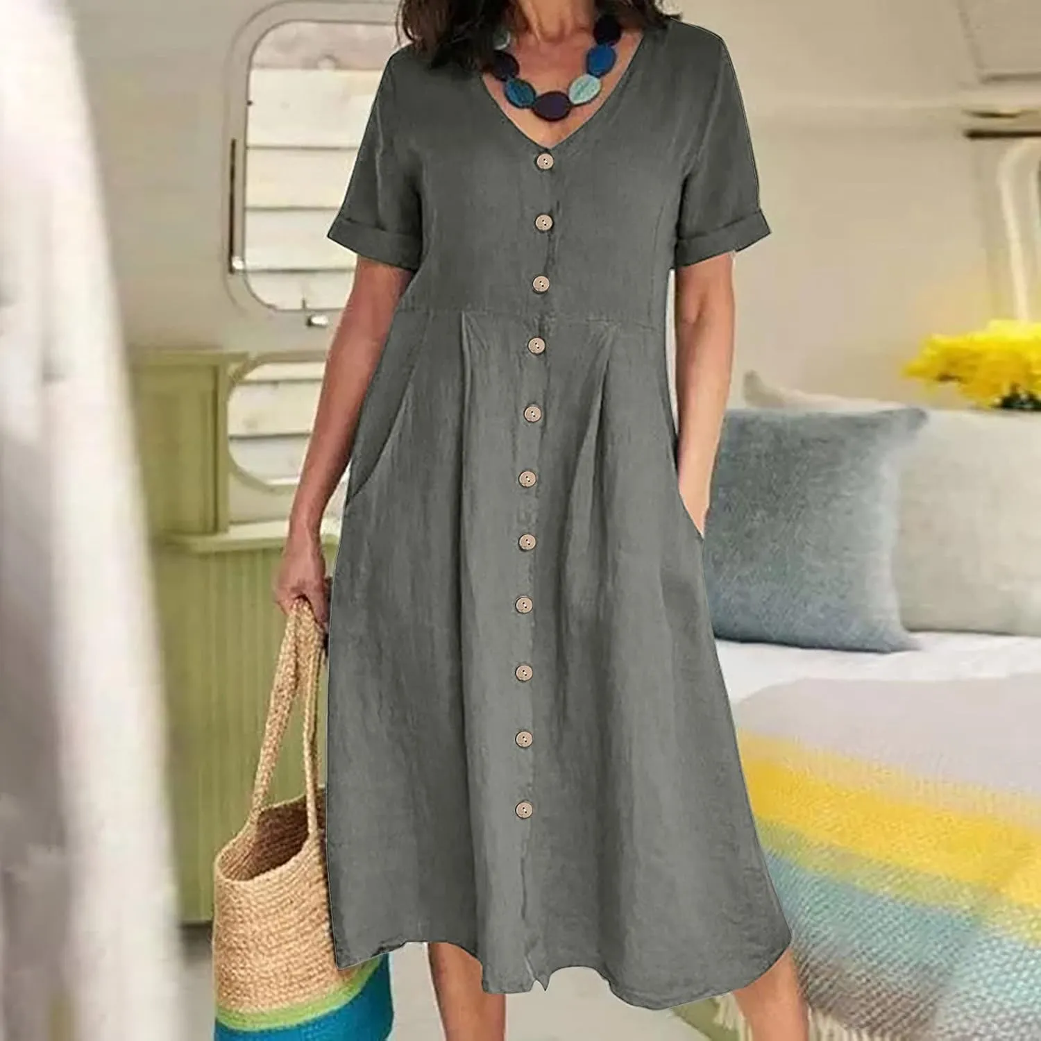Women's Button Down Shirts Dresses with Pockets Cotton Button Up Blous Dress Casual Casual Short Sleeve Solid Clothes