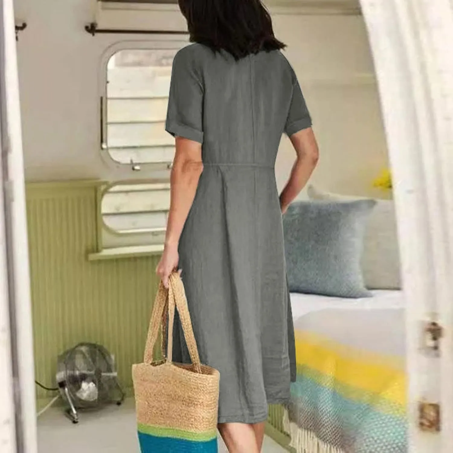 Women's Button Down Shirts Dresses with Pockets Cotton Button Up Blous Dress Casual Casual Short Sleeve Solid Clothes